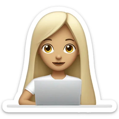 a girl with long dark straight hair and bangs, with fair, blond skin, working with a laptop (she is a marketer). wearing a white oversized t-shirt sticker