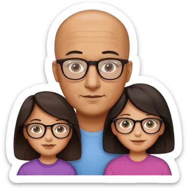 Papà calvo con occhiali, mamma capelli neri occhi marroni no occhiali, figlia capelli marroni mossi e occhiali tartarugati con montatura spessa occhi marroni, figlia capelli lisci marroni occhiali neri con montatura grande e fina occhi marroni  sticker