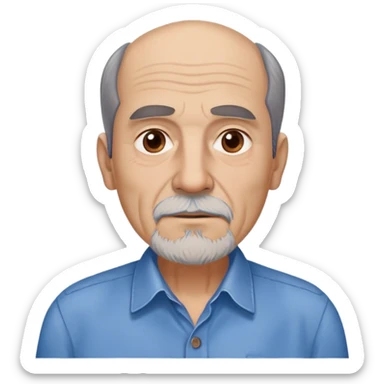Older slim Hispanic man in his 60s with light skin. Thinner face with pronounced features. Expressive brown eyes, thick eyebrows showing age. Short brown hair with significant receding hairline. Scraggly brown beard with gray patches. Wearing a blue button-up shirt on his lean frame. sticker