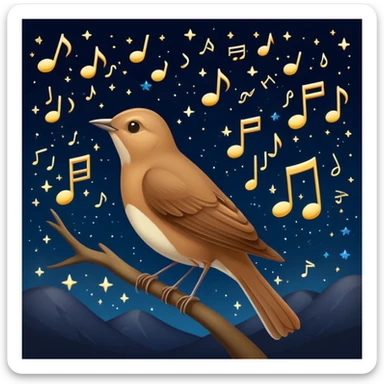 a nightingale bird singing with musical notes visible, flying against a dark starry night sky sticker