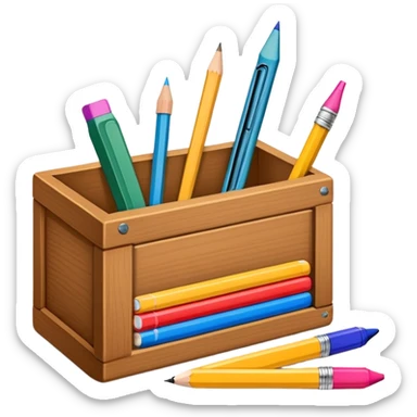 small box of teaching supplies with a pencil, ruler, and markers sticking out sticker