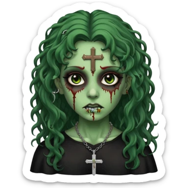 Zumbi verde com olhos castanhos aspecto de que tá sangrando, com cabelo castanho cacheado longo um piercing do lado esquerdo do nariz, roupa preta e crucifixo como colar, e também delineador  sticker