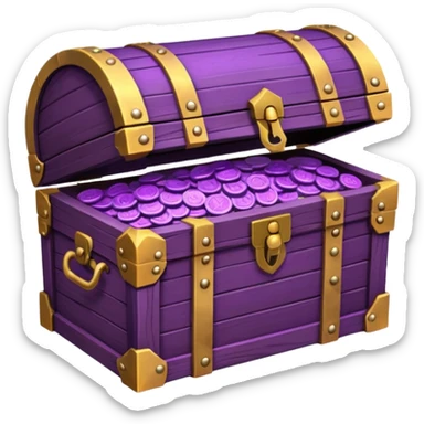 wooden brown treasure chest filled with  purple coins pack in gradient sticker