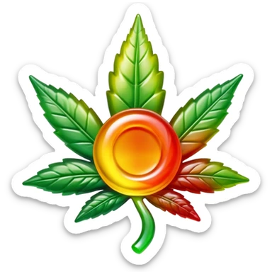 colorful shiny gusher gummy shaped like a cannabis leaf with a bite mark showing the liquid center sticker