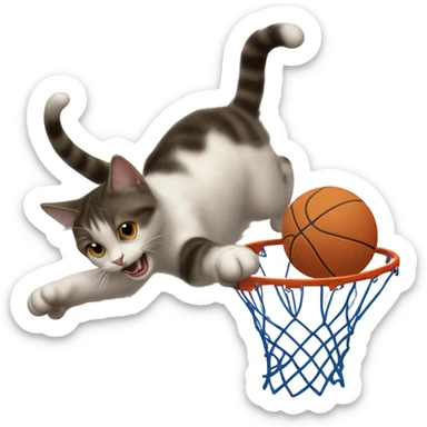 A cat dunking a basketball in a hoop sticker