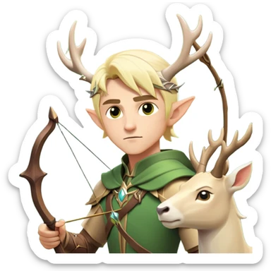 clash-of-clans-aesthetic-blond-male elf-archer-portrait-emoji, rendered in a flat, vector-style with minimal shading and bold holding his bow, simplified shapes, head tilted slightly forward with a determined, focused expression, riding a majestic white stag whose antlers glow with mystical energy, set against an ancient, enchanted forest backdrop. sticker