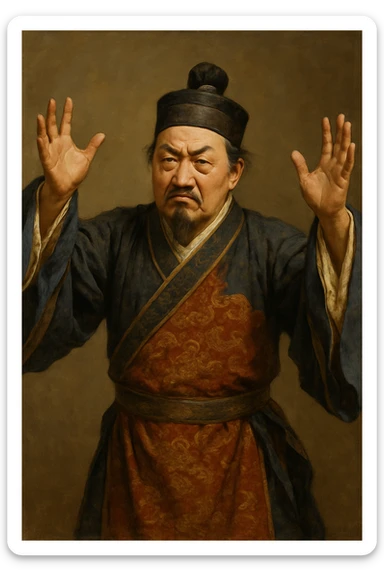 Сгенерируй азиата в национальном средневековым китайском костюме, он чуть недоволен и размахивает руками, в стиле реалистичной живописи. ОН ПОЛНОСТЬЮ ПОМЕЩАЕТСЯ НА ИЗОБРАЖЕНИЯ И НЕ ОБРЕЗАЕТСЯ ЕГО КРАЯМИ. На однородном фоне sticker