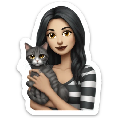 Beautiful dark haired tattooed woman holding gray and white stripe long haired cat sticker