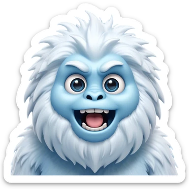 Cinematic Comical Yeti Portrait Emoji, with a cartoonishly exaggerated, fluffy figure in cool, frosty whites and icy blues, head tilted in an overly surprised expression with wide, comically sparkling eyes and a quirky, open-mouthed grin, simplified yet hilariously detailed, glowing with a soft frosty outline capturing the meme-worthy fun of a yeti in playful shock! sticker