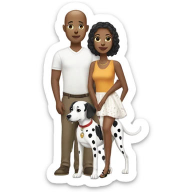 brown-skinned woman with her bald white boyfriend and Dalmatian  sticker