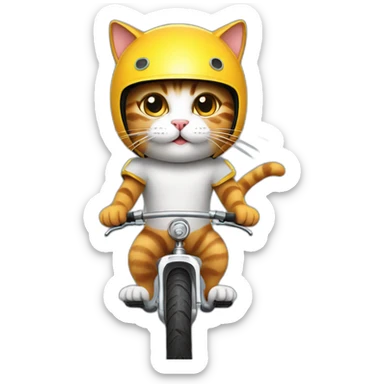 cat riding a bike with a helmet sticker