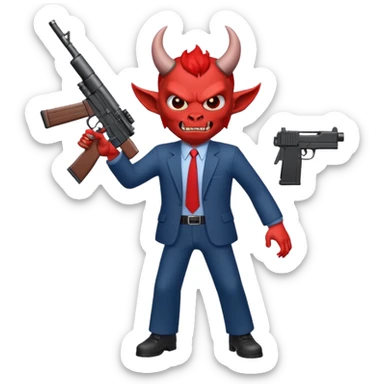 A Demon from hell that is dressed like a fbi agent with a machine gun, full body pointing the machine fun to the left. In the style of your be sticker