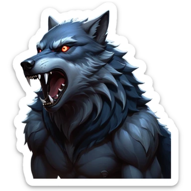 cinematic-noble-fierce-werewolf-howling-portrait-emoji, poised-and-imposing, with a fierce wolfish face tilted upwards in a haunting howl, glowing eyes full of primal ferocity, sharp, elongated fangs bared, and a rugged snout, fur rippling in shades of midnight black and silver, muscles tensed as the powerful howl echoes beneath the moonlit sky; rendered with realism, capturing the raw, untamed power of the beast in its wild, primal state sticker