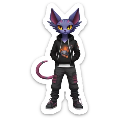 Cool Anthro Noivern-Litten-Sphynx-Pokémon with edgy stripes hoodie spiked collar punk techwear Cargo Pants Full Body sticker