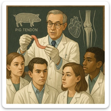 symbolic scene with a doctor showing a pig tendon to a group of students, explaining its use in human transplants, anatomical drawings on a blackboard in the background, educational atmosphere, 4K quality sticker