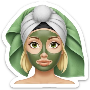 Femme blonde avec une serviette noir en turban sur la tête et un masque d’argile verte sur le visage sticker