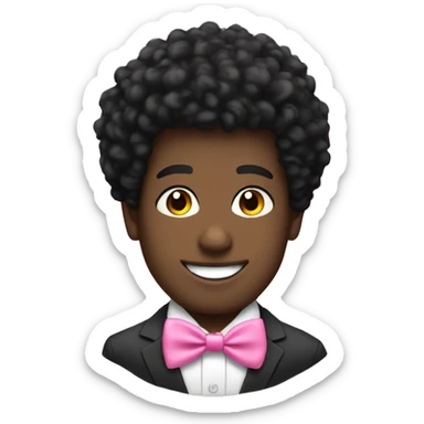 A black twink with an afro mullet in a suit, smile face, a pink bow tie sticker