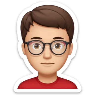 guy with short brown hair and glasses. he looks like a nerd. he is wearinf red sticker