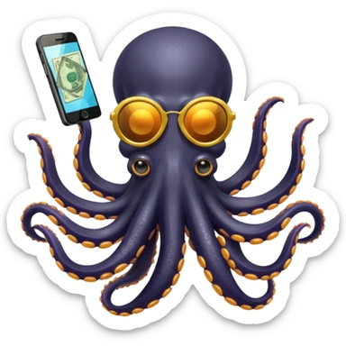 Intimidating octopus with pearl black skin, neon suction cups. Wearing mirrored sunglasses and a gold chain. 3 tentacles are holding their own cellphone, 2 other tentacles are holding stacks of money sticker