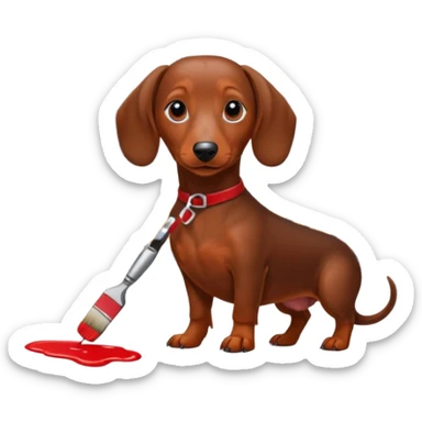 Brown dachshund in front of a busy NYC street backdrop, holding a red paint brush. sticker