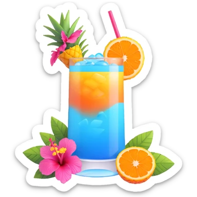 vibrant tropical fruity blue cocktail with hibiscus, pineapple and orange garnishes sticker