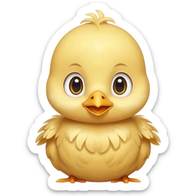Cute baby chick named Lex, smiling with big shiny eyes, soft yellow feathers, round head, very adorable emoji style sticker