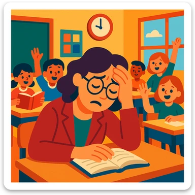 exhausted teacher in a bustling classroom sticker