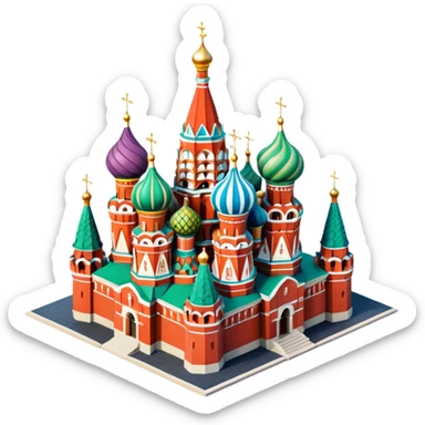 Isometric illustration of Moscow, featuring Saint Basil's Cathedral with colorful onion domes, hand-drawn painterly details, subtle texture on bricks and roofs, realistic shadows and soft lighting, muted yet vivid color palette, diorama miniature effect. sticker
