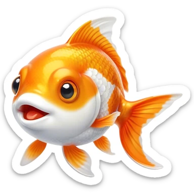 Cinematic Cute Orange and White Goldfish Portrait Emoji, Head tilted playfully and inquisitively, featuring a glossy, vibrant body adorned with a striking mix of orange and white, round, sparkling golden eyes filled with curiosity, Simplified yet irresistibly adorable features, highly detailed, glowing with a warm, friendly glow, high shine, affectionate and lively, stylized with a touch of whimsy, bright and endearing, soft glowing outline, capturing the essence of a mischievous yet loving goldfish, so playful it feels like it could swim out of the screen and into your heart! sticker
