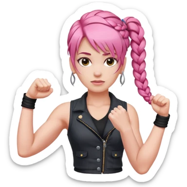 Woman with braided pink hair with an asymmetrical bang, wearing a sleeveless vest and flexing sticker
