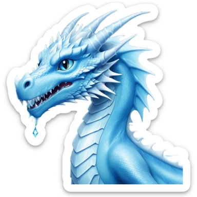 Cinematic Noble very elegant slender Ice Dragon Portrait Emoji, Poised and imposing, distinct long elegant snout, with a slender, scaled body shimmering in glacial hues of icy blue, frostbitten silver, and crystalline white, breathing out frost, with piercing, glowing ice blue white eyes that radiate the chilling depths of an arctic storm; rendered in detail. excuding wisdom sticker