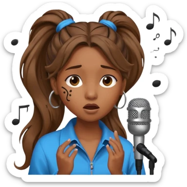 Brown skin girl with a long ponytail singing into a microphone looking sad with music notes coming out sticker