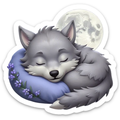 Meme-Worthy Cute Sleeping Werewolf Portrait Emoji, with a cuddly, miniature lupine form in soft moonlit grays and silvers, head resting peacefully with gently closed dreamy eyes and a small, content smile, simplified yet irresistibly endearing, highly detailed with a soft glowing outline that captures the cozy, sleepy essence of a werewolf after frolicking under the full moon! sticker