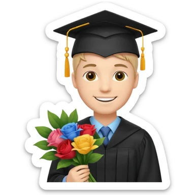 Graduated Students, Male,wearing graduation cap, holding bouquet of flowers
 sticker