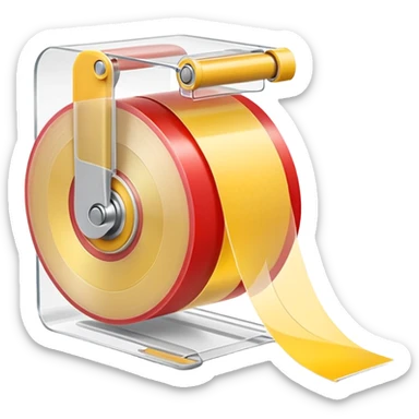 small roll of clear adhesive tape with glossy finish on simple white plastic dispenser with curved cutting edge, roll partially used with strip slightly lifted and curved, no box or extras, apple emoji style, soft lighting, subtle shadows, transparent background, emoji scale sticker