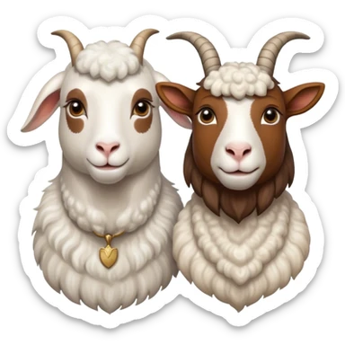 Portrait collage of domestic hooved animals: A calm goat with soft fur, a fluffy sheep with large eyes, and a noble horse with a shiny coat. Soft green meadow and distant hills in the background. Transparent background. sticker