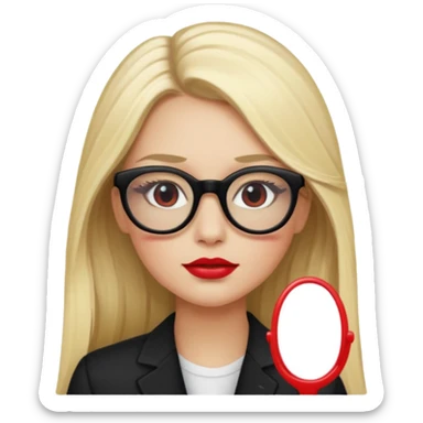 A blonde woman, long hair and long eye lashes, red blushes and little lipstick and highlighter, black glasses sticker