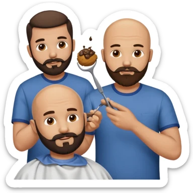 A bald man with a dark brown beard cutting someone’s hair at a barber shop and the other guy is eating a small poop ball in his hand sticker