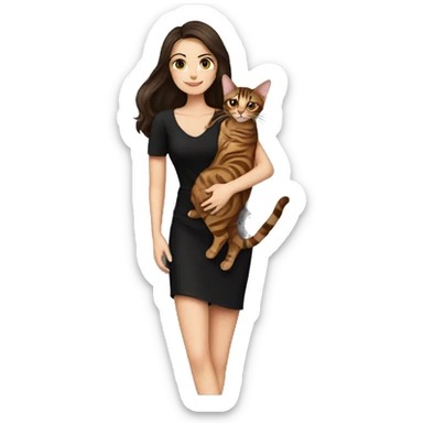 Beautiful skinny woman long dark brown hair in black dress hug bengal cat sticker