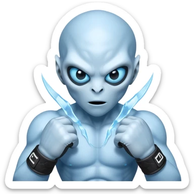 ice alien MMA fighter portrait, head and shoulders only, icy blue skin, frost aura, glowing cold eyes, combat gloves, 3D cartoon, mobile game icon style, clean background, no text, no watermark
 sticker
