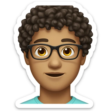 person teenager pale olive skin, dark brown curly hair, dark brown eyes, boy, man, glasses, freckles sticker