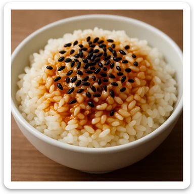 A dish of rice topped with black sesame seeds and soy sauce. sticker