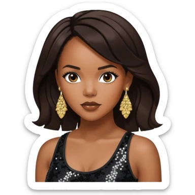 LeToya Luckett with long dark brown hair, black sequin crop top, black earring sticker