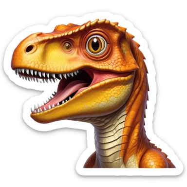 Cinematic Realistic Comical velociraptor/T-rex Portrait Emoji, Head tilted dramatically with an exaggeratedly amused expression, featuring a striking, glossy scaled body with bold natural textures and wide, expressive eyes brimming with playful disbelief, rendered with lifelike detail and dynamic natural lighting, high shine, dramatic yet playful, styled with an air of cheeky prehistoric mischief, soft glowing outline, capturing the essence of a spirited and over‐the‐top velociraptor/T-rex that looks ready to bellow its way into viral fame! sticker