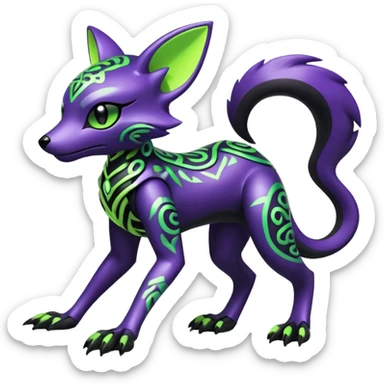 Futuristic modern badass cool shiny metallic alloy black-obsidian purple neon-green white lime animal hybrid Fakemon full body with intricate patterns sticker