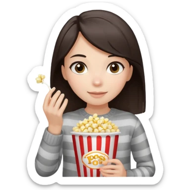 girl with dark brown straight hair, striped light sweater, gray eyes, holding popcorn in her hands sticker