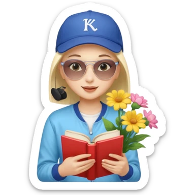 A happy girl with light skin, bald, wearing a baseball cap and sunglasses, dressed in K-pop fashion, is reading a book while holding a flower bouquet. sticker