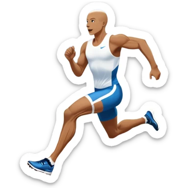 An icon showing a running track with lanes marked in white. A sprinter in mid-stride pushes forward, muscles tense. In the background, a large stadium filled with cheering fans and bright lights. The sky is clear and blue. Transparent background emphasizes the speed and energy of running. sticker