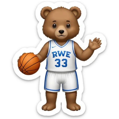 Bear with full body and wearing basketball white  jersey that says RWE  sticker