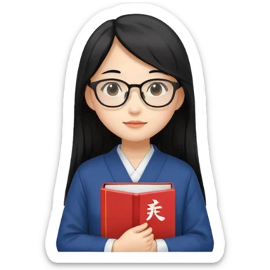 A student, asian girl, long black hair, wearing glasses, japanese uniform, hold book in front of their chest sticker